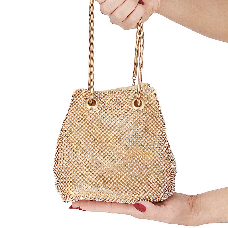 Crystal Mesh Small Bucket Bag Gold carry by hand