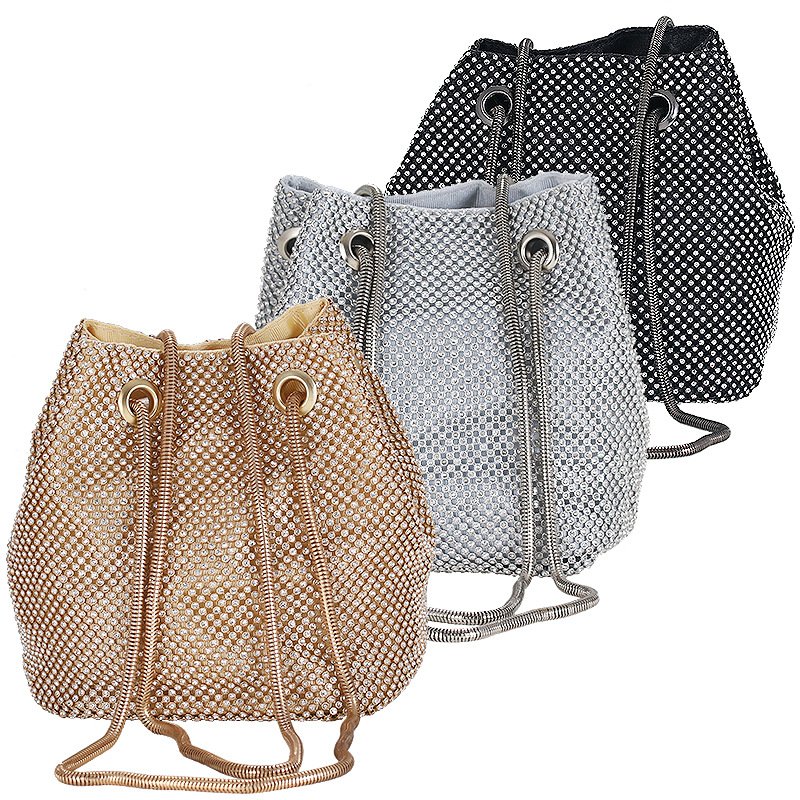 3 colors of Crystal Mesh Small Bucket Bag,gold,silver,black