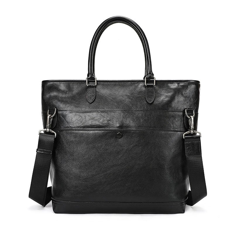 front of Full Grain Leather Tote Bag with Zipper Black