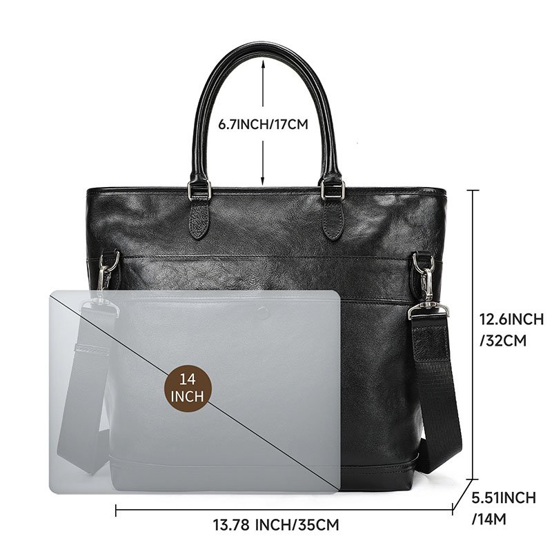 size detail of Full Grain Leather Tote Bag with Zipper Black,and compare with 14 inch loptop