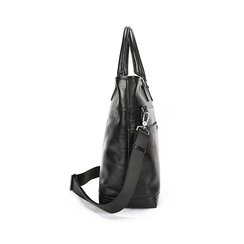side of Full Grain Leather Tote Bag with Zipper Black
