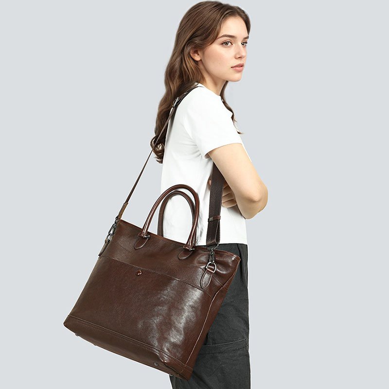 Full Grain Leather Tote Bag with Zipper Brown carrying across body