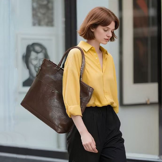 a lady wearing yellow shirt carrying Full Grain Leather Tote Bag with Zipper Brown on shoulder