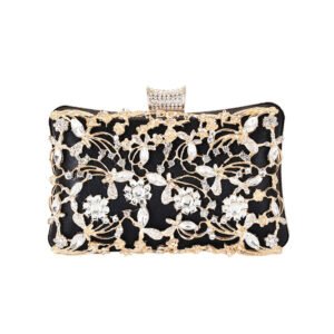 front of Jointed Golden Metal Leaves and Crystal Flowers Clutch black