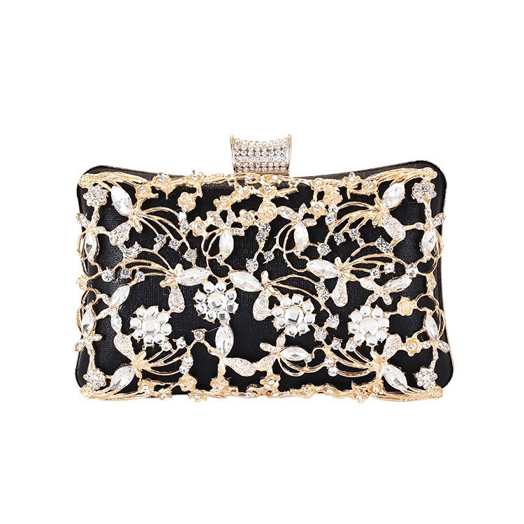 front of Jointed Golden Metal Leaves and Crystal Flowers Clutch black