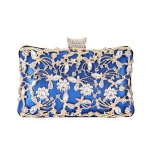 front of Jointed Golden Metal Leaves and Crystal Flowers Clutch Blue