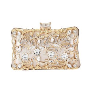front of Jointed Golden Metal Leaves and Crystal Flowers Clutch Gold