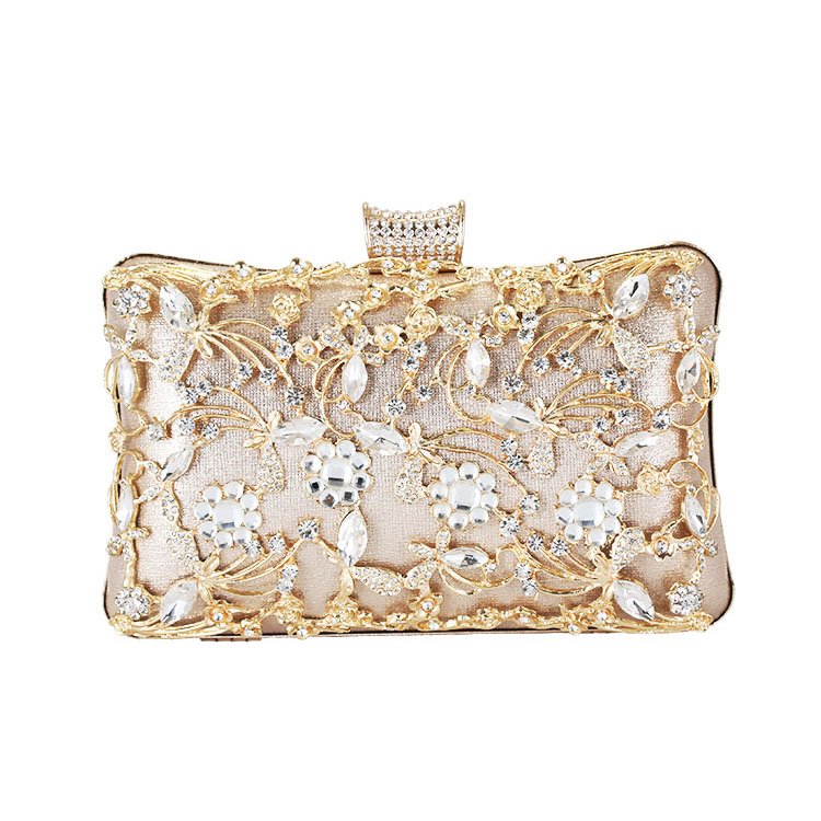 front of Jointed Golden Metal Leaves and Crystal Flowers Clutch Gold