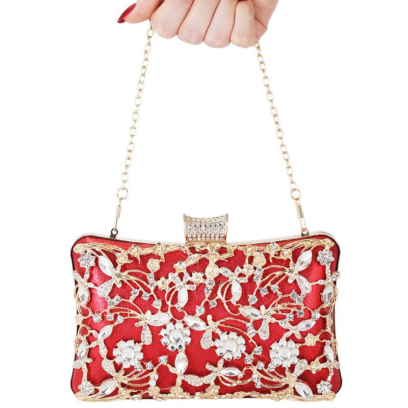 short metal chain of Jointed Golden Metal Leaves and Crystal Flowers Clutch Red,carry by hand