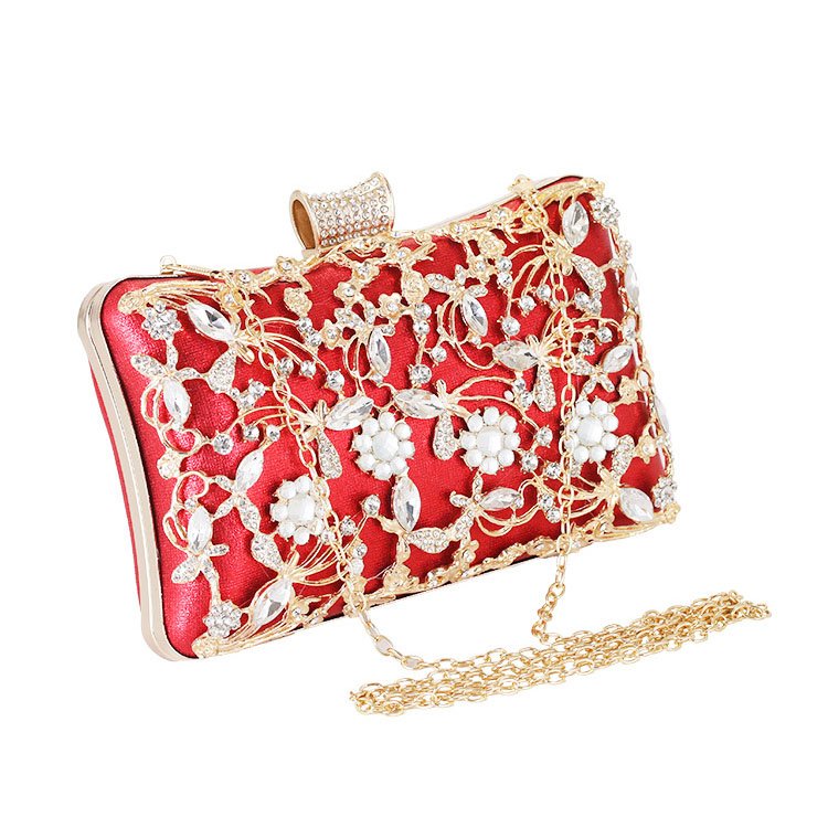 long metal chain of Jointed Golden Metal Leaves and Crystal Flowers Clutch Red