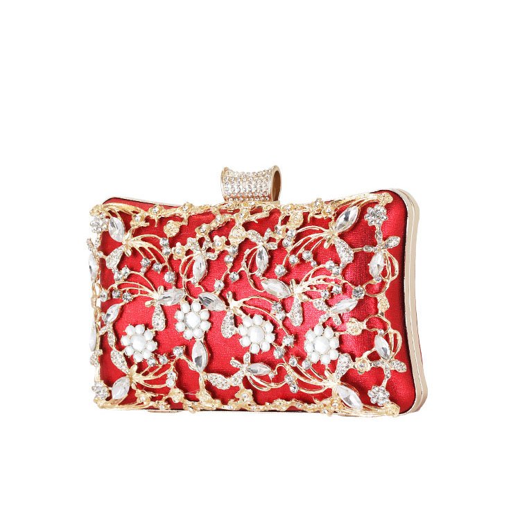 side of Jointed Golden Metal Leaves and Crystal Flowers Clutch Red