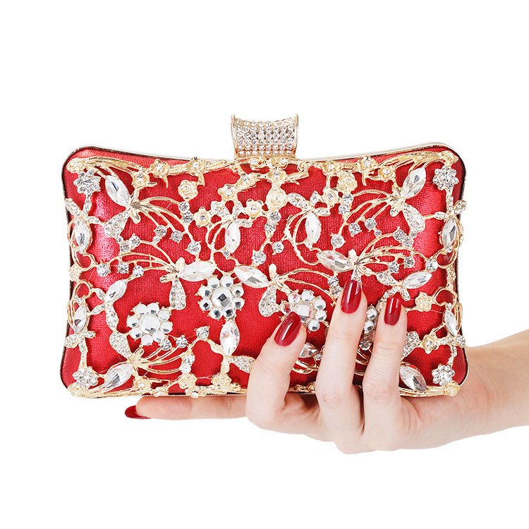 Jointed Golden Metal Leaves and Crystal Flowers Clutch Red on palm