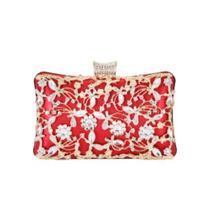 front of Jointed Golden Metal Leaves and Crystal Flowers Clutch Red