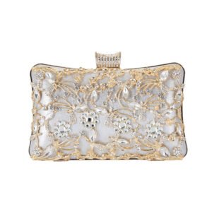 front of Jointed Golden Metal Leaves and Crystal Flowers Clutch Silver
