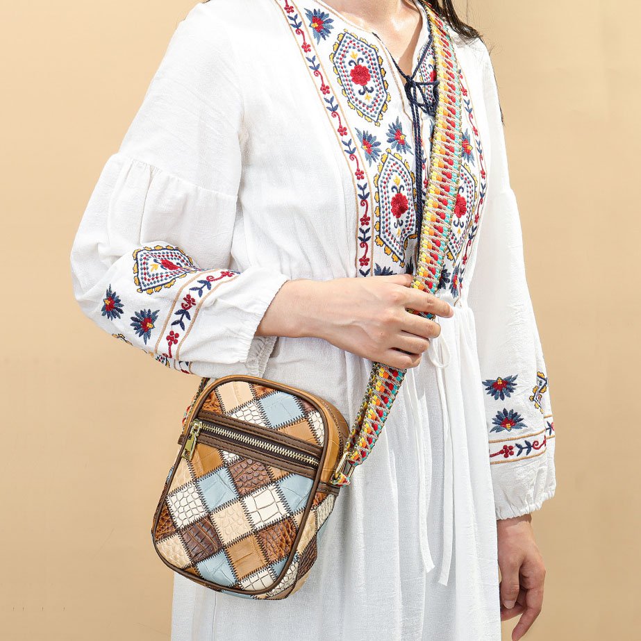 Jointed Leather Multi Color Crossbody Bag Brown carrying across body