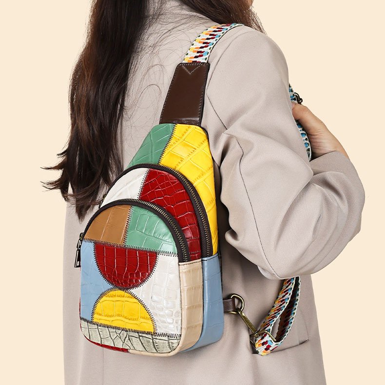 Jointed Round Leather Multicolor Sling Crossbody Bag carrying on shoulder