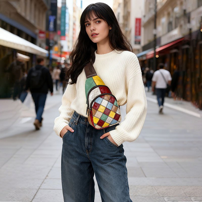 Jointed Square Leather Multicolor Sling Crossbody Bag (4) a black hair girl wearing white sweater carrying Jointed Square Leather Multicolor Sling Crossbody Bag on the street,