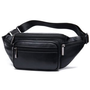 45 degree side of Multi Pocket Leather Sling Bag Black