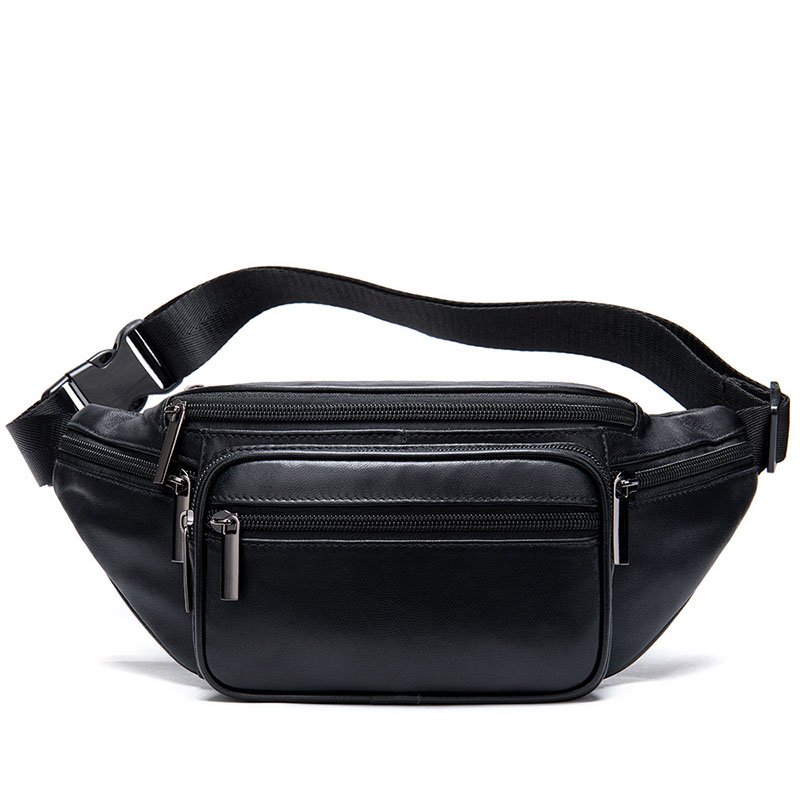 front of Multi Pocket Leather Sling Bag Black