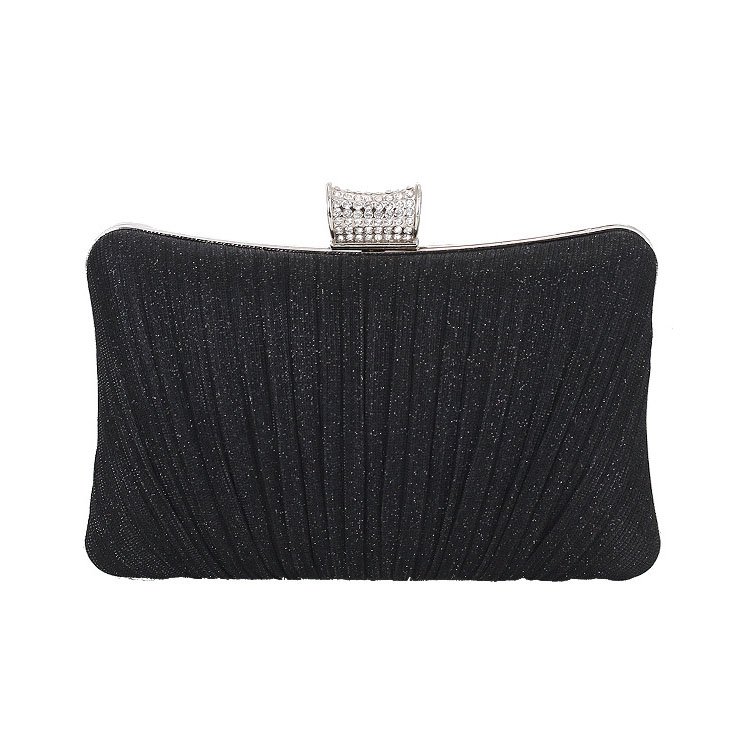 front of Pleated Shine Fabric Rectangle Clutch Bag with Crystal black