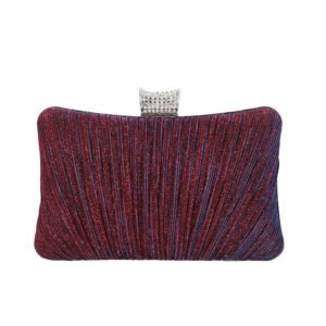 front of Pleated Shine Fabric Rectangle Clutch Bag with Crystal burgundy