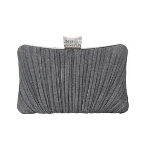 front of Pleated Shine Fabric Rectangle Clutch Bag with Crystal Grey