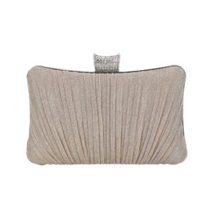 front of Pleated Shine Fabric Rectangle Clutch Bag with Crystal light gold