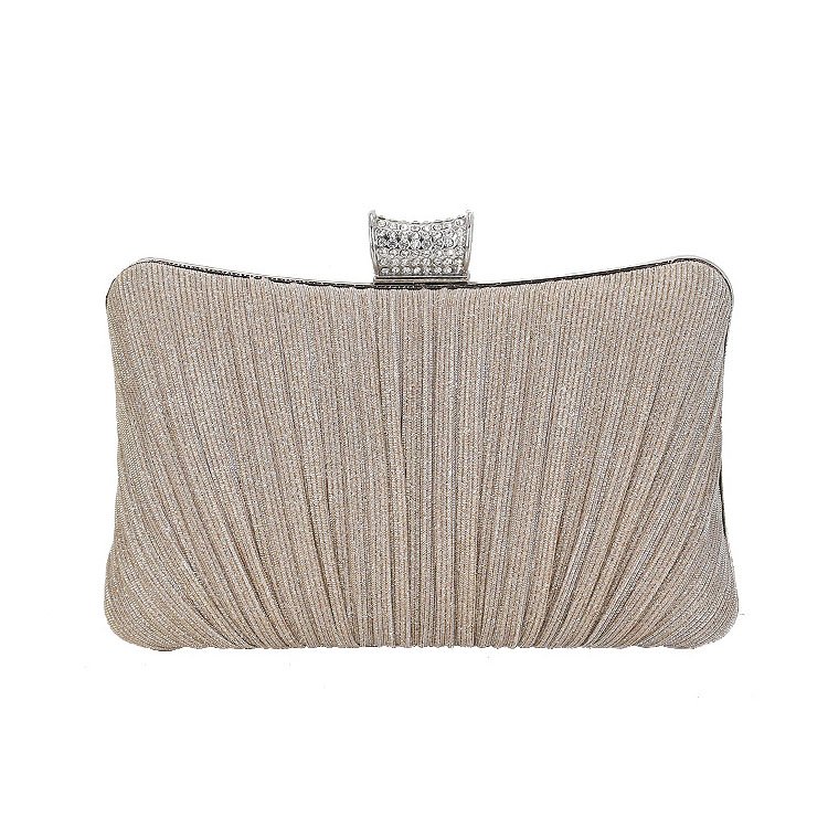 front of Pleated Shine Fabric Rectangle Clutch Bag with Crystal light gold