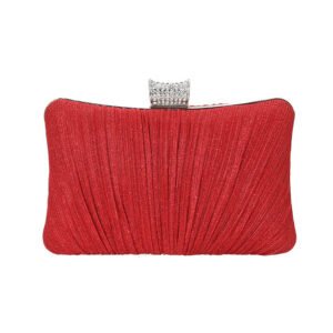 front of Pleated Shine Fabric Rectangle Clutch Bag with Crystal Red