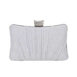front of Pleated Shine Fabric Rectangle Clutch Bag with Crystal Silver