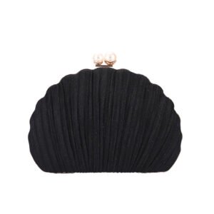 front of Pleated Shine Fabric Shell Clutch with Two Pearls Black