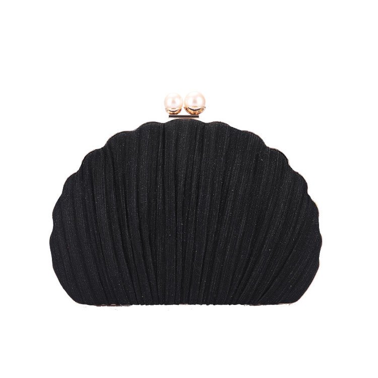 front of Pleated Shine Fabric Shell Clutch with Two Pearls Black