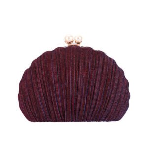 front of Pleated Shine Fabric Shell Clutch with Two Pearls Burgundy