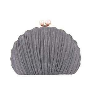 front of Pleated Shine Fabric Shell Clutch with Two Pearls Grey