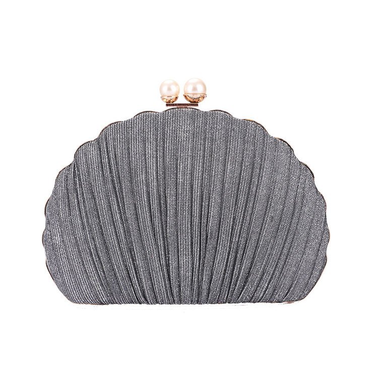 front of Pleated Shine Fabric Shell Clutch with Two Pearls Grey