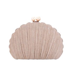 front of Pleated Shine Fabric Shell Clutch with Two Pearls Gold