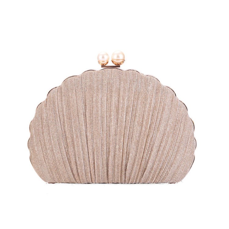 front of Pleated Shine Fabric Shell Clutch with Two Pearls Gold