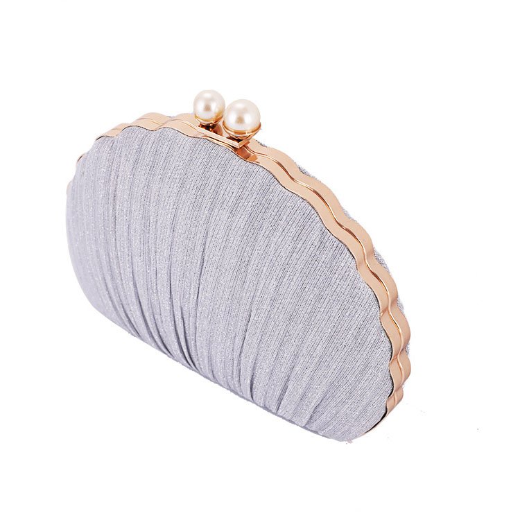side of Pleated Shine Fabric Shell Clutch with Two Pearls Silver