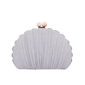 front of Pleated Shine Fabric Shell Clutch with Two Pearls Silver