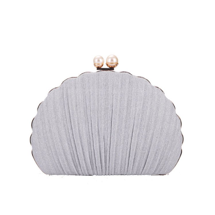 front of Pleated Shine Fabric Shell Clutch with Two Pearls Silver