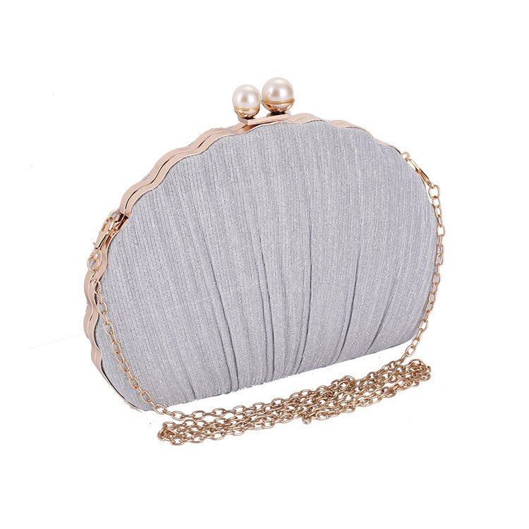 long metal chain of Pleated Shine Fabric Shell Clutch with Two Pearls Silver