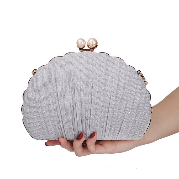 Pleated Shine Fabric Shell Clutch with Two Pearls Silver Stay on Palm