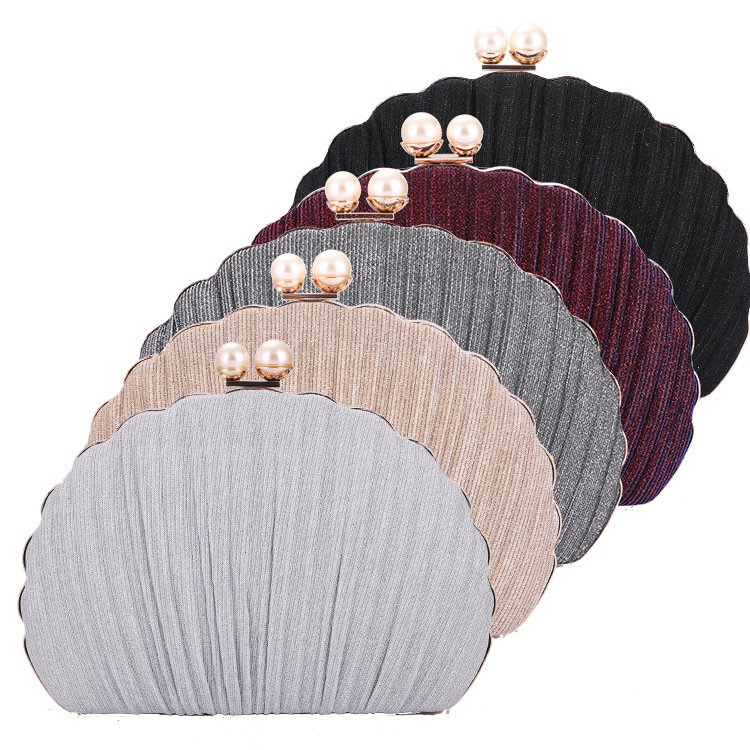 5 colors of Pleated Shine Fabric Shell Clutch with Two Pearls,Silver,Light gold,grey,burgundy,black