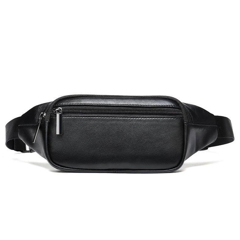 front of Sheepskin Leather Oblong Small Sling Bag Black