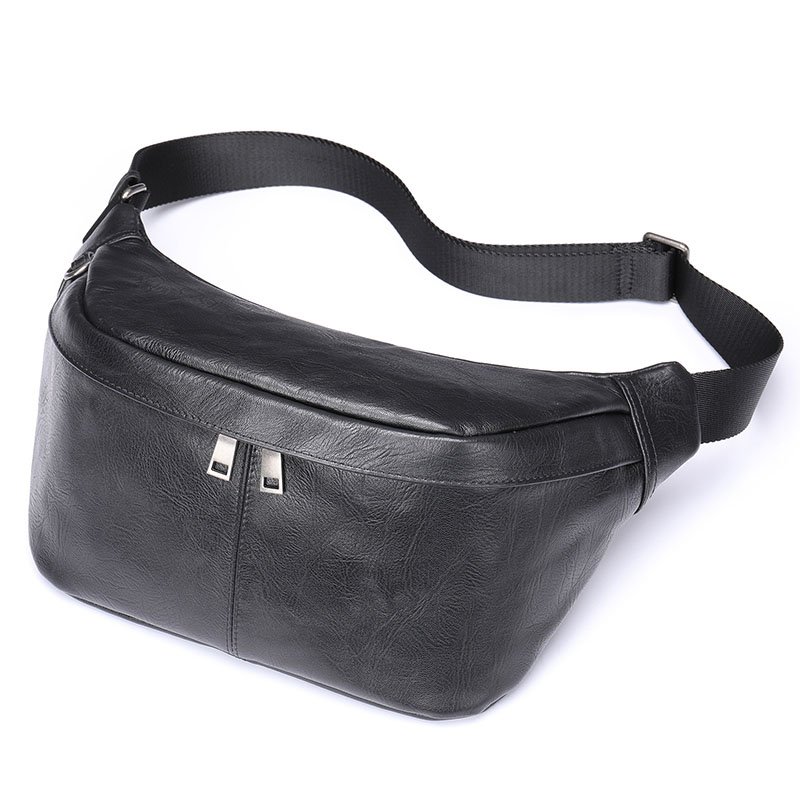 45 degree side of Soft Leather Large Sling Bag Black