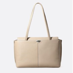 front of Pebble Leather Large Tote Bag with Flap Beige