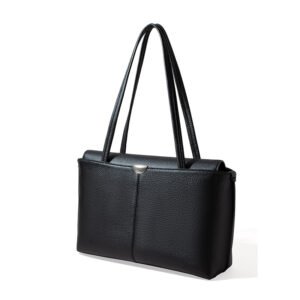 side of Pebble Leather Large Tote Bag with Flap Black
