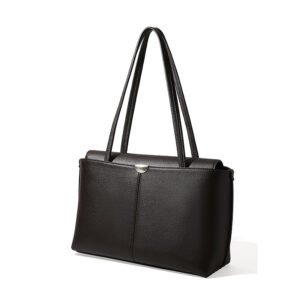 45 degree side of Pebble Leather Large Tote Bag with Flap Darl brown