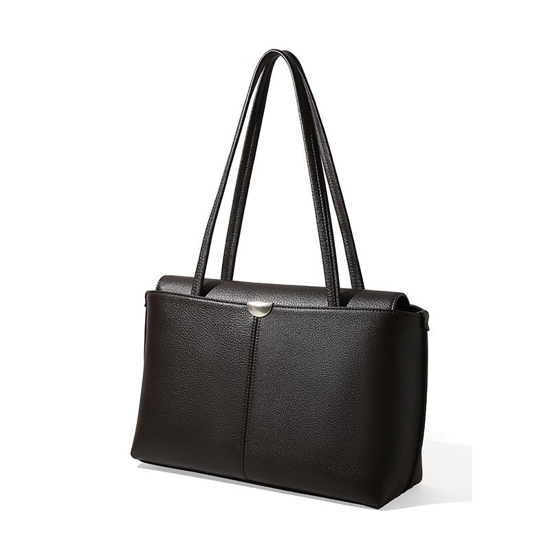 45 degree side of Pebble Leather Large Tote Bag with Flap Darl brown